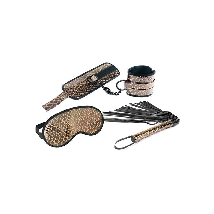 Spartacus Faux Leather Wrist Restraints Blindfold & Flogger Bondage Kit - Gold